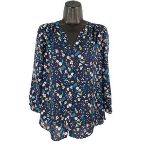 NYDJ Womens XS Pintuck-Back Blouse Navy‎ Yellow White Floral 3/4 Sleeve V-Neck